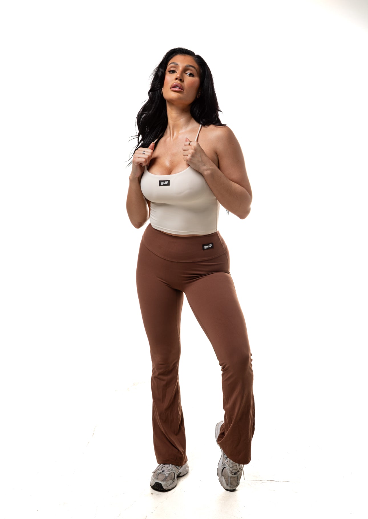 Mix And Match Beige Cross Top & Hot chocolate Scrunch Yoga Pants