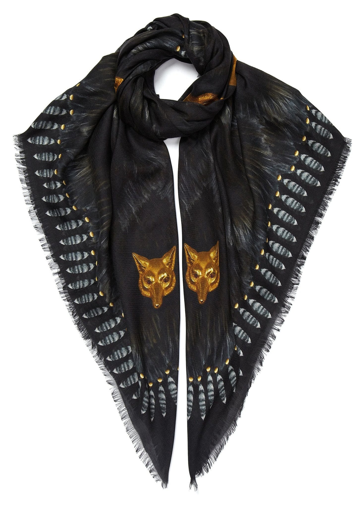 VASSILISA Scarf in Black Colour: Fur and Wolves Masks Print