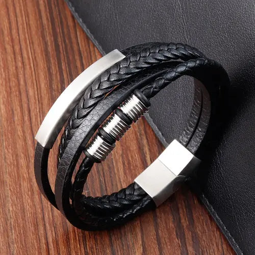 Black Multi Layer Leather Bracelet with Silver Charms
