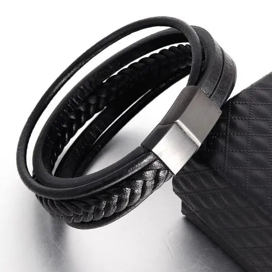 Braided Bracelet In Black With Brushed Black Steel Clasp