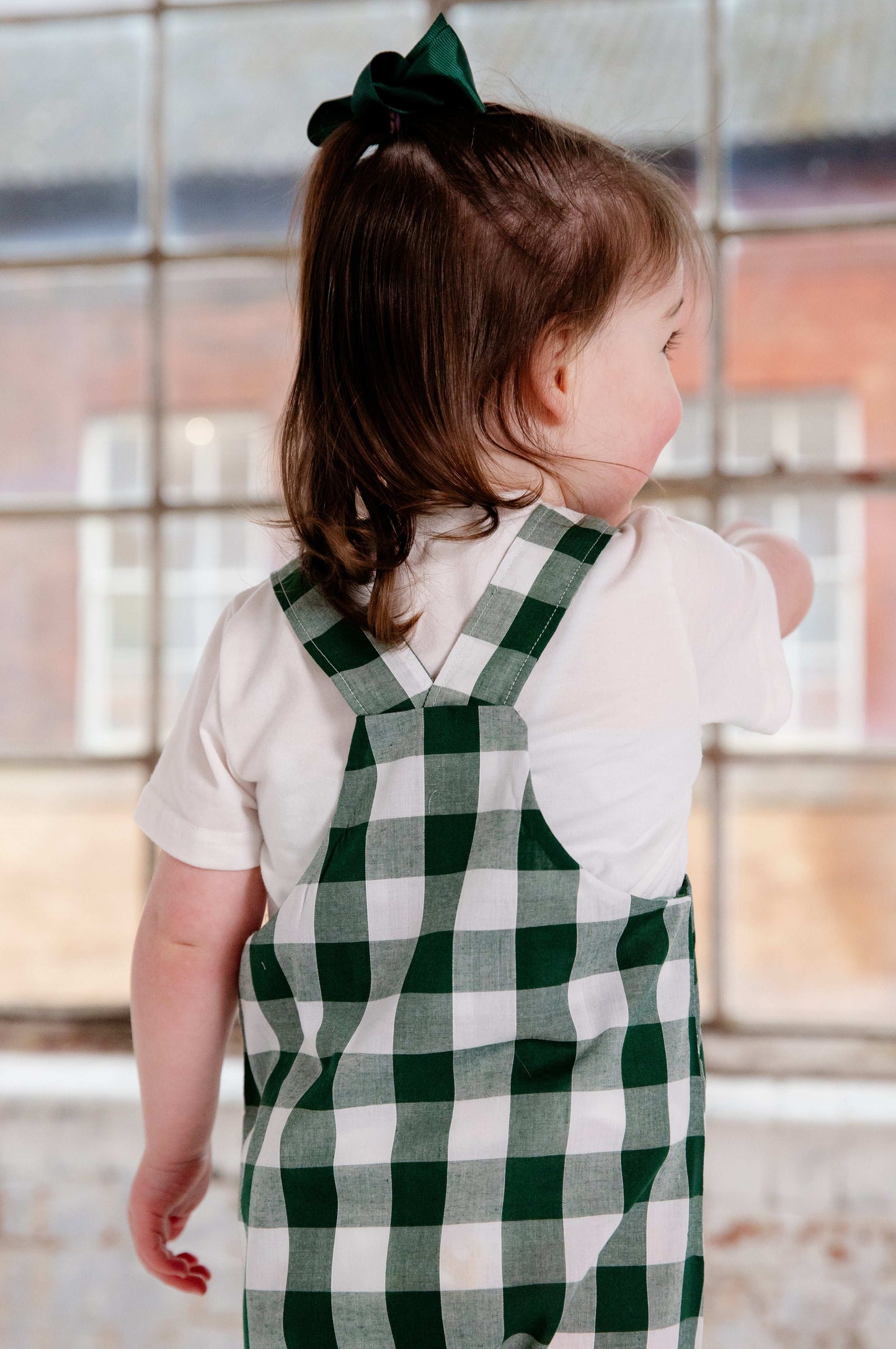 Green Gingham Cotton Dungarees Shorts