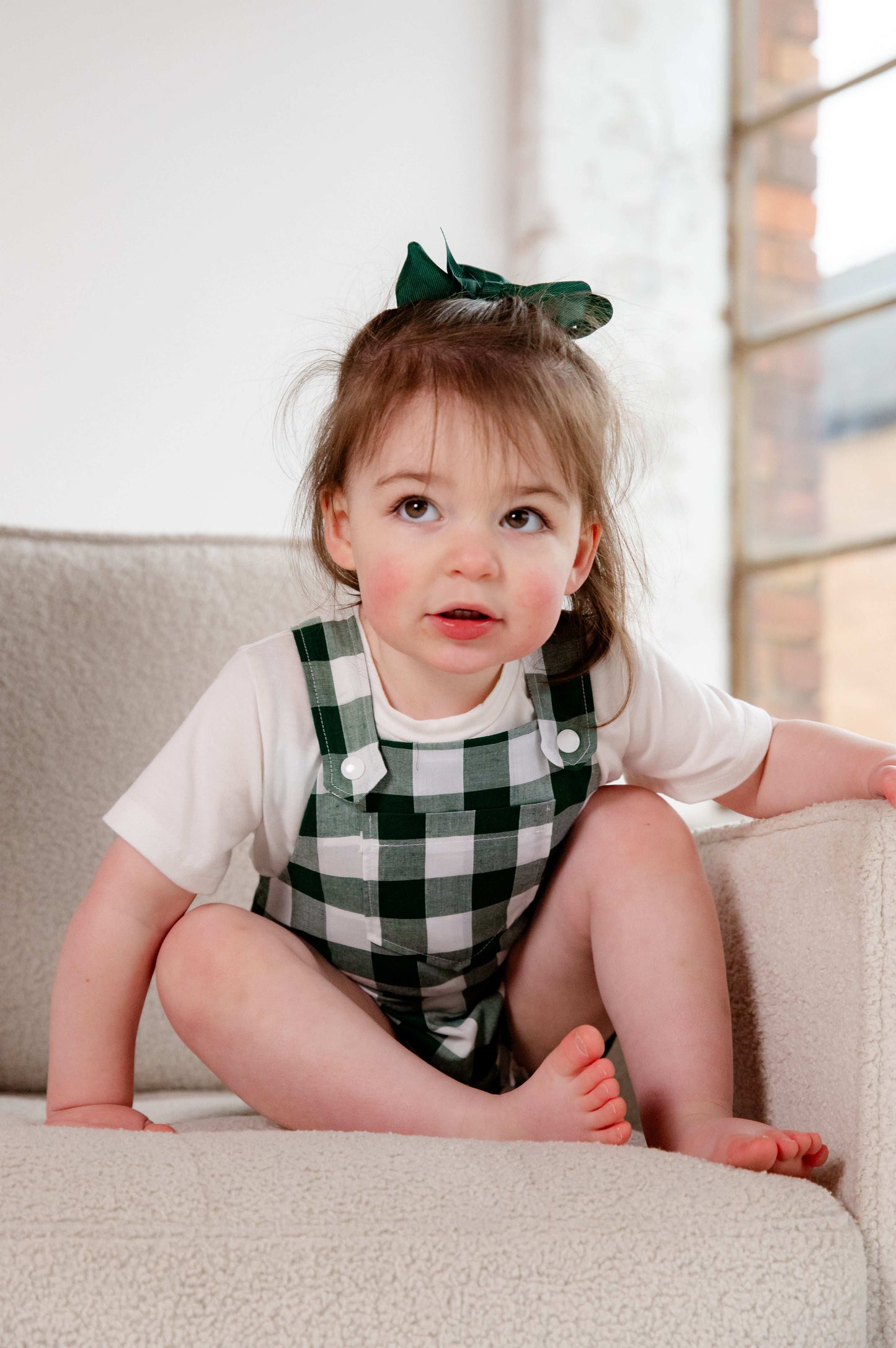 Green Gingham Cotton Dungarees Shorts
