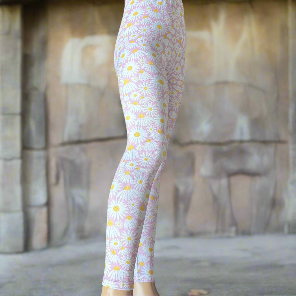 Daisy design pink full length stretch leggings