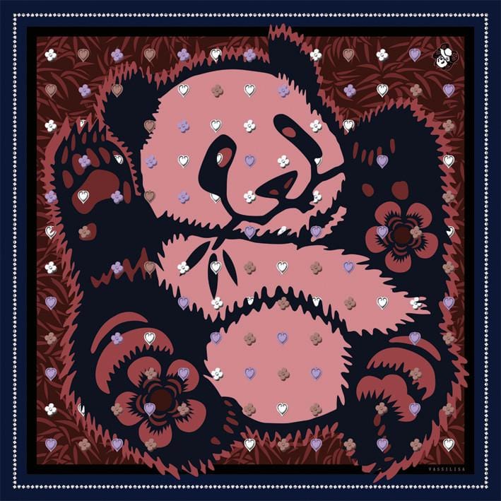 VASSILISA Scarf in Burgundy Colour: Panda and Emoji Print