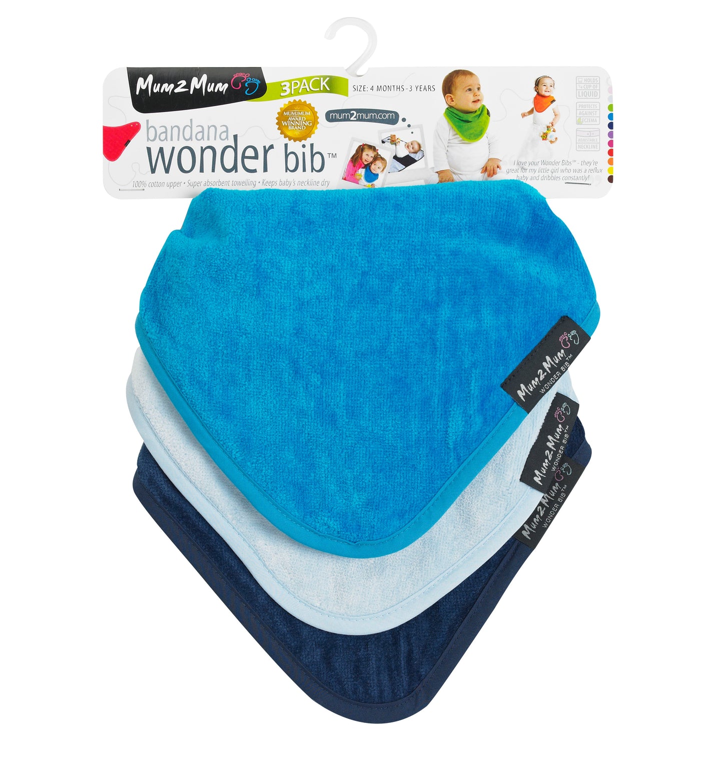 3 PACK - Mum 2 Mum Bandana Style Baby Bibs - Navy / Baby Blue / Teal