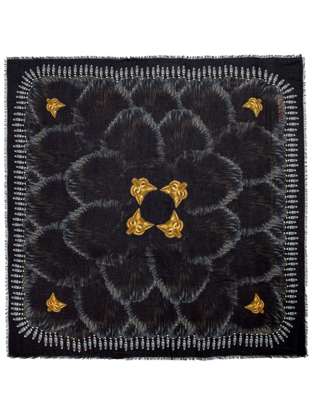 VASSILISA Scarf in Black Colour: Fur and Wolves Masks Print