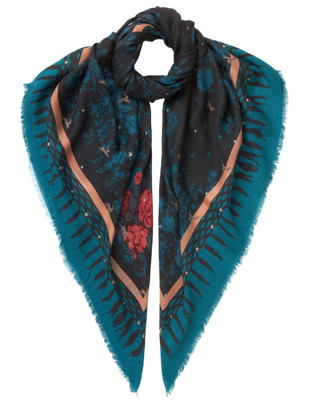VASSILISA Scarf in Teal Colour: Bunnies and Florals Print
