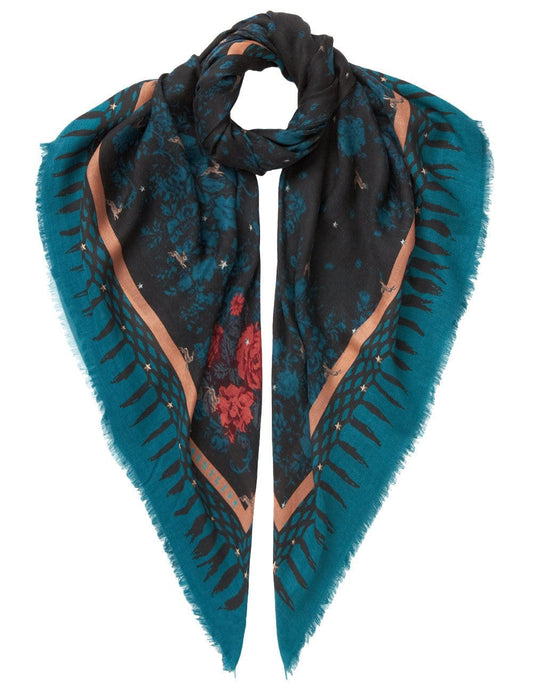 VASSILISA Scarf in Teal Colour: Bunnies and Florals Print