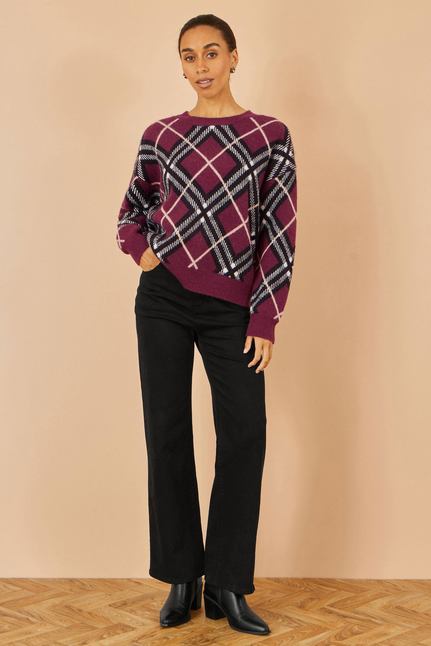 Yumi Burgundy Argyle Check Relaxed Jumper
