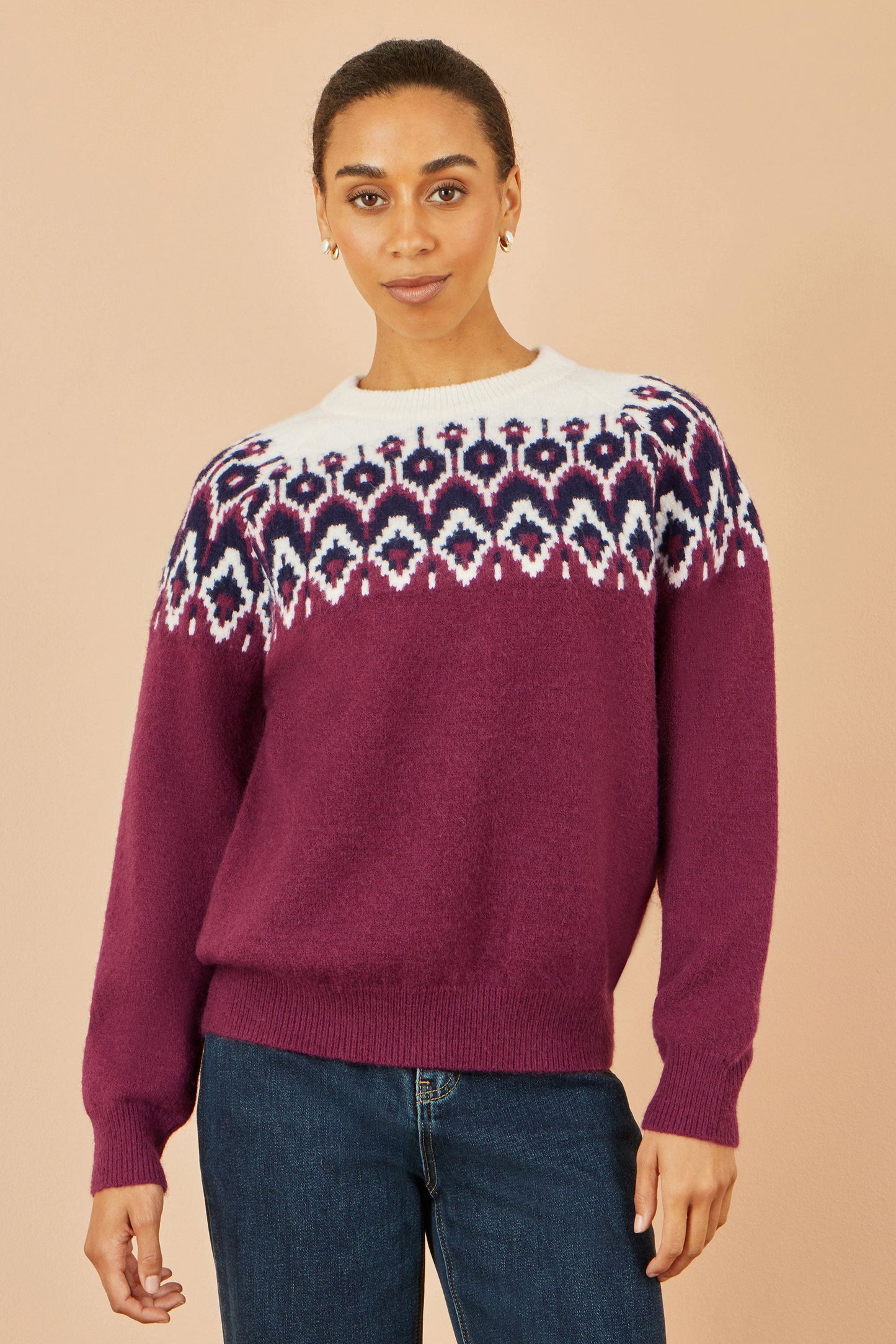 Yumi Burgundy Fair isle Relaxed Fit Knitted Jumper