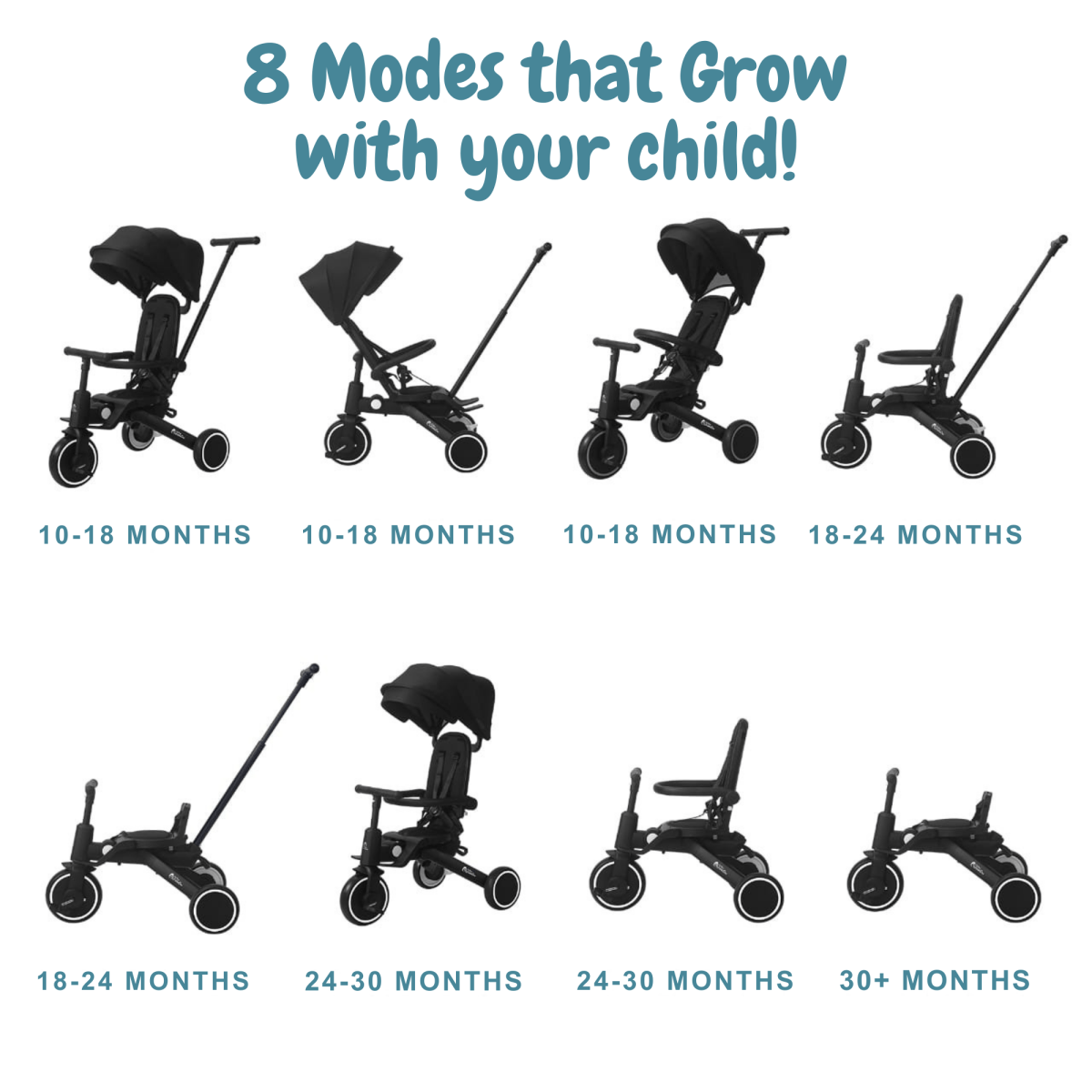 Foryourlittleone Xplor Plus 6 in 1 Foldable Trike - Jet Black (10m-5y)