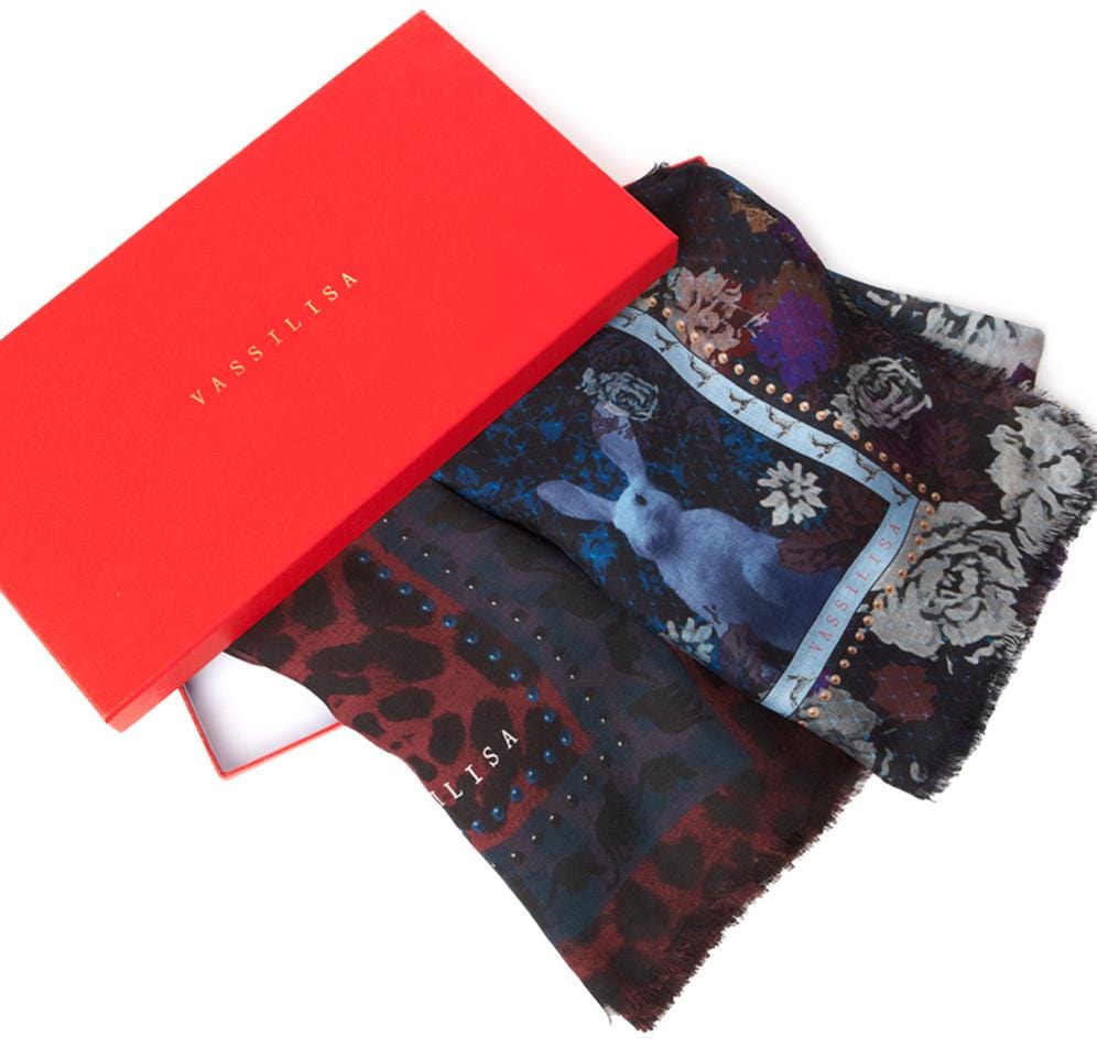 VASSILISA Scarf in Midnight Blue Colour: Bunnies and Florals Print