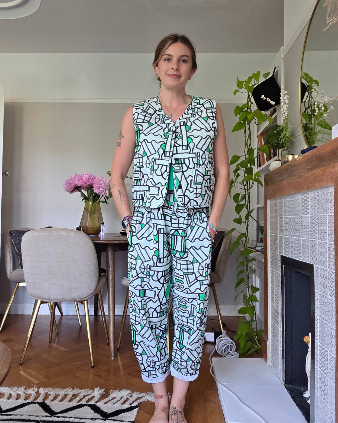 Organic Cotton and Linen Balloon Trousers in Circuit Garden