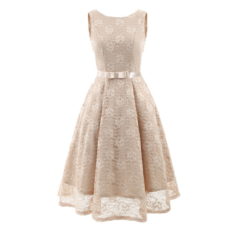 Women’s Sleeveless Lace Dress – Round Neck, Long Elegant Bridesmaid & Evening Gown