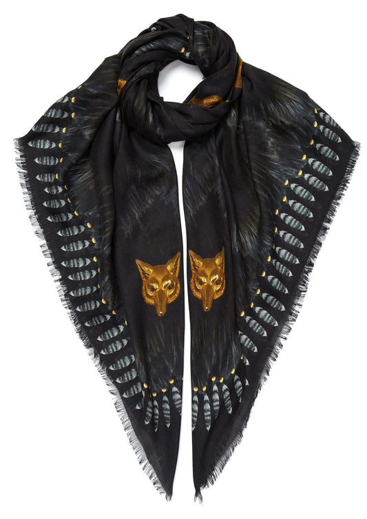 VASSILISA Scarf in Black Colour: Fur and Wolves Masks Print