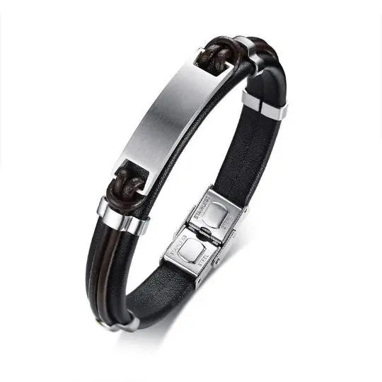 Black Leather Bracelet with A Plain Silver Plate