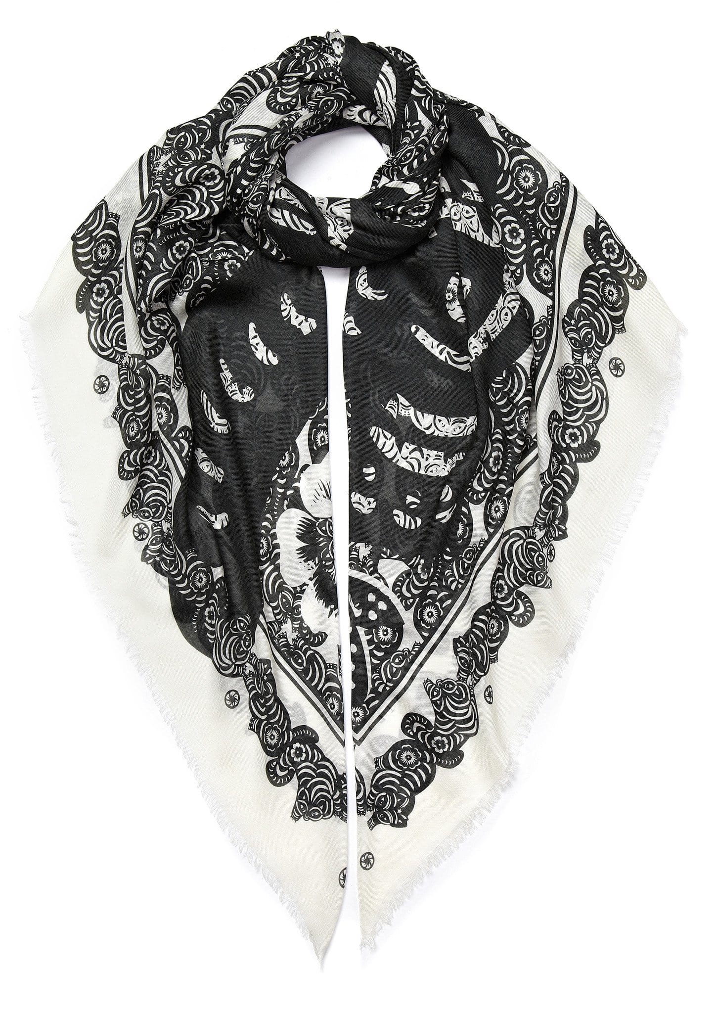 VASSILISA Scarf in Black and White Colour: Cat and Butterfly Print
