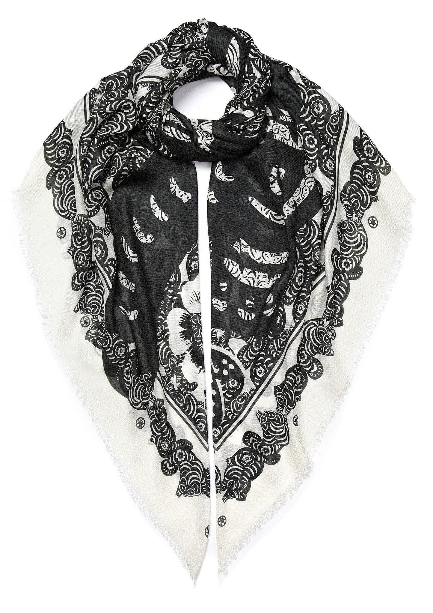 VASSILISA Scarf in Black and White Colour: Cat and Butterfly Print