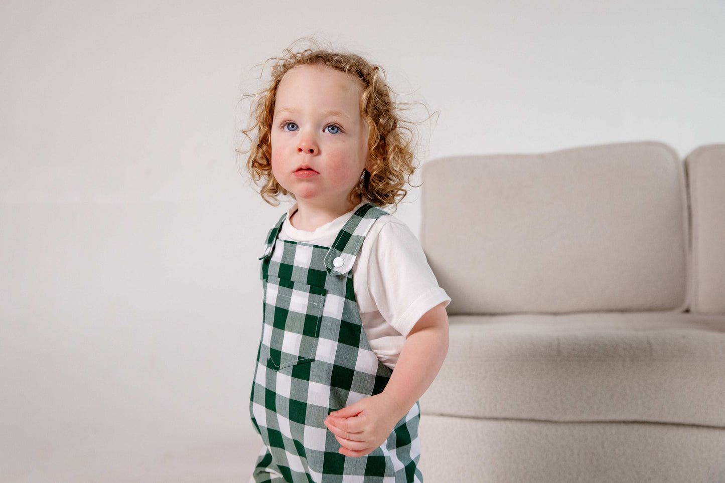 Green Gingham Cotton Dungarees Shorts