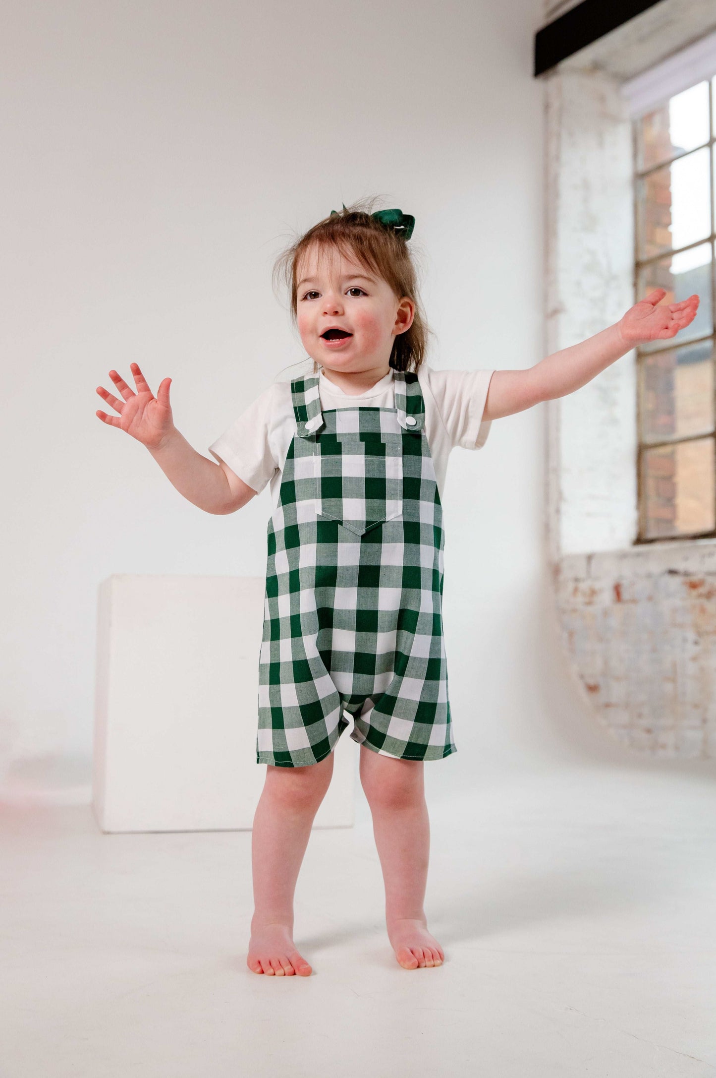 Green Gingham Cotton Dungarees Shorts