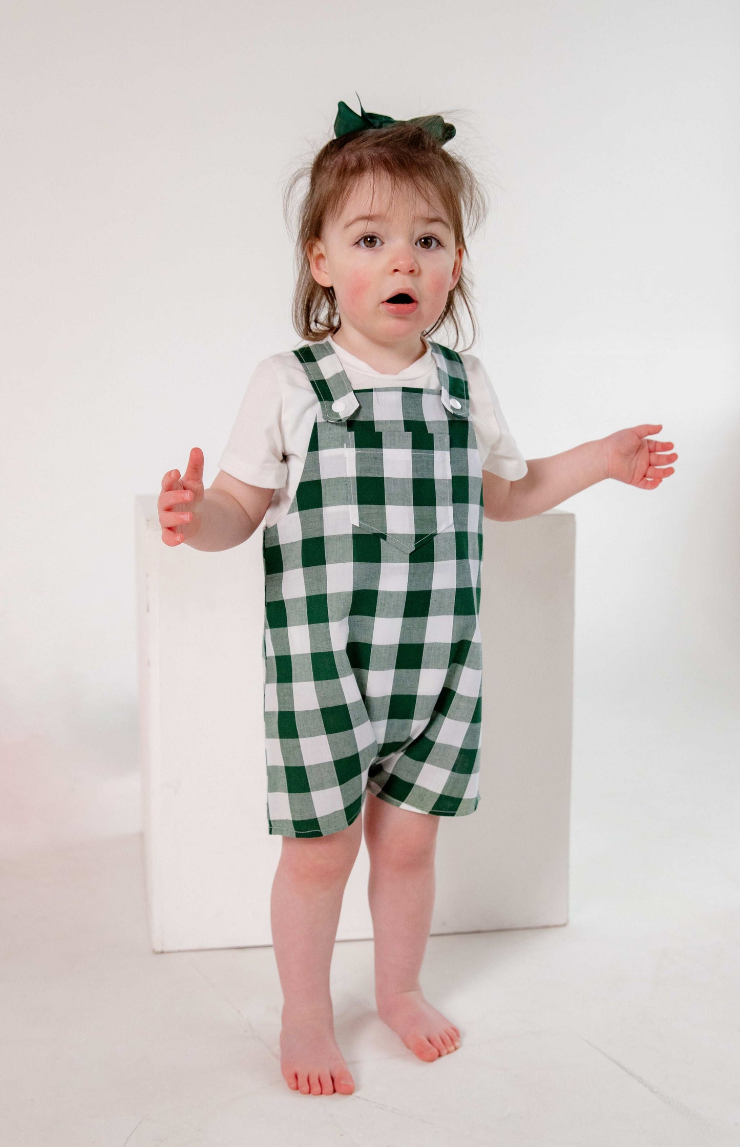 Green Gingham Cotton Dungarees Shorts