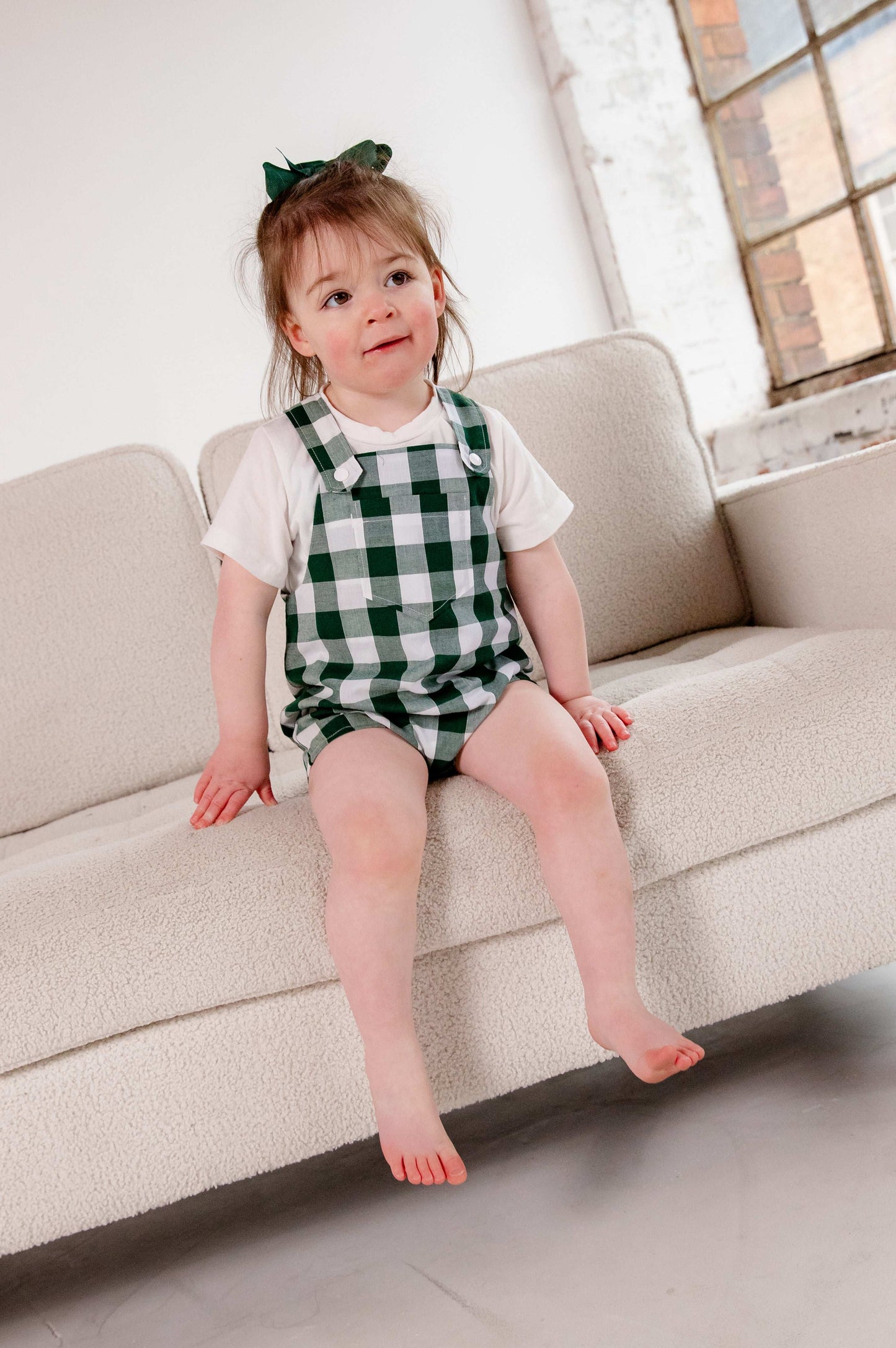 Green Gingham Cotton Dungarees Shorts