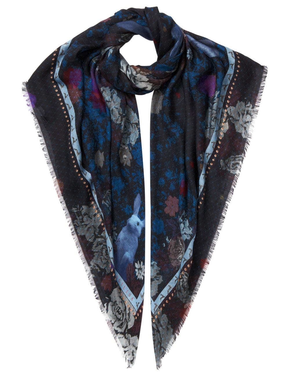 VASSILISA Scarf in Midnight Blue Colour: Bunnies and Florals Print