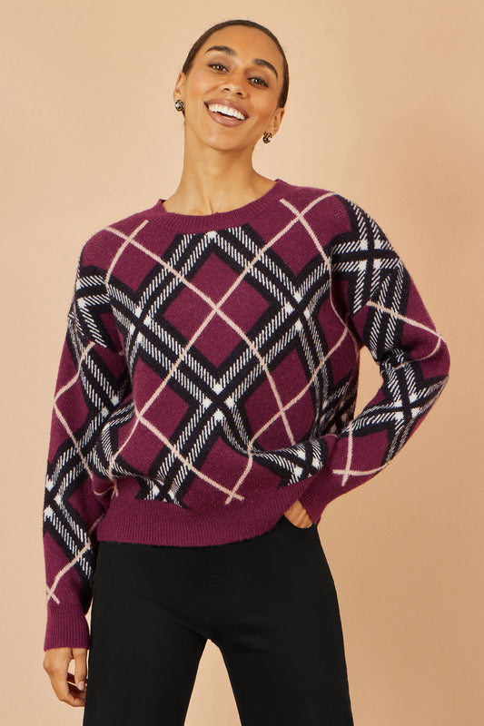 Yumi Burgundy Argyle Check Relaxed Jumper