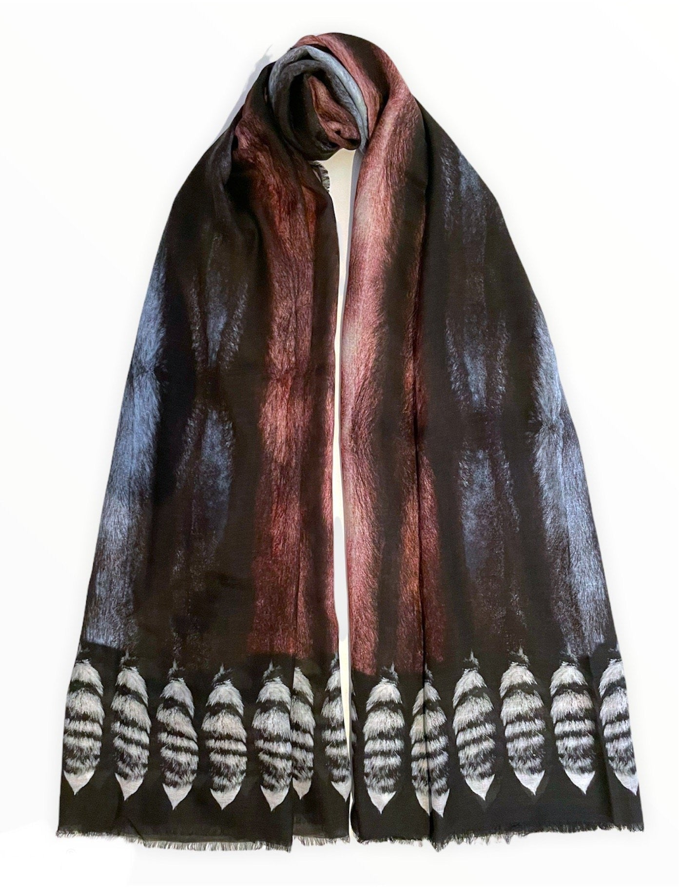 VASSILISA Scarf in Blue and Burgundy Colours: Mink Effect and Tails Print, XL