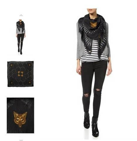 VASSILISA Scarf in Black Colour: Fur and Wolves Masks Print